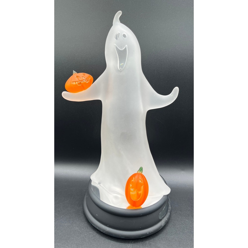 Frosted Ghost Figurine Pumpkins on Mirrored Base 11.75" Halloween Spooky Creepy